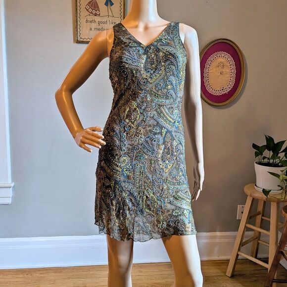 Vintage Y2K Georgiou Studios Silk Mini Dress Beaded Sequin Whimsigoth Party 2 - Picture 10 of 15